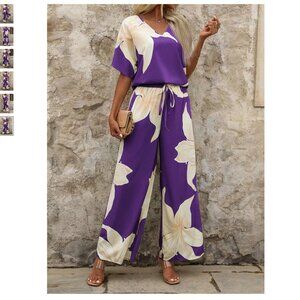 NWT 2 Piece Purple Floral Print Short Sleeve Top & Pants Set